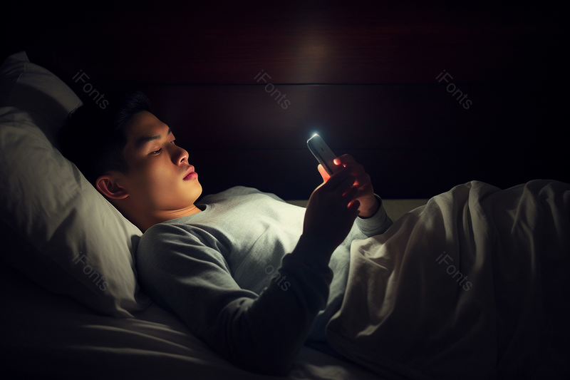 夜晚年轻男士深夜躺在床上玩手机,高清,摄影图,摄影图片,图片大全,摄影图免费下载